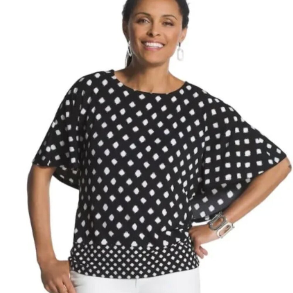 Chico’s Black and White Dot Blouse with Unique Cape Sleeves | Small (0)